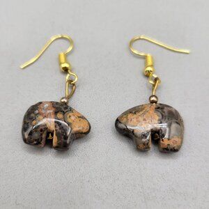 Fetish Bear Shaped Leopard Jasper Stone Dangle Earrings Gold Tone Hooks